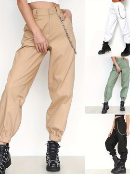 1pc Women'S High Waist Cargo Pants, Solid Color Casual Trousers with Chain Side Pockets, Elastic Ankle Joggers