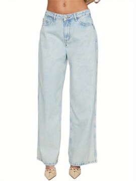 1pc Women'S Casual Cotton Wide Leg Jeans - Solid Color Low Waist Loose Fit with Pockets for Spring/Fall Season