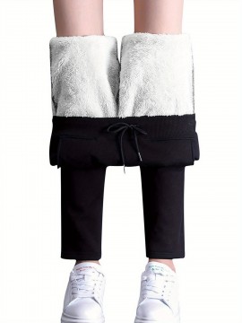 1pc Women'S Sherpa Lined Sweatpants - Cotton Casual Fleece Pants, Solid Color, Straight Leg, Woven, Adult Fall/Winter Jogger Style