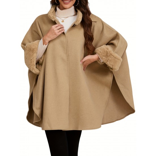 Chic Women's Cloak with Faux Fur Trim - 3/4 Sleeve, Button Closure, V-Neck Outerwear for Casual Wear