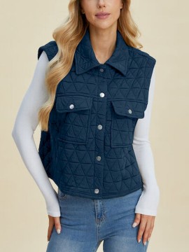 Women’s Casual Vest Coat Basic Quilted Pocketed Texture Snap Down Vest Navy Black Sleeveless Snap-Button Relaxed Fit Collared Cropped Outerwear with Diamond Pattern Spring/ Fall/ Winter Layering Piece for Outdoor Activities
