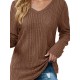 Women's Casual V-Neck Sweater - Solid Color, Ribbed Long Sleeve Knit Pullover, Machine Washable