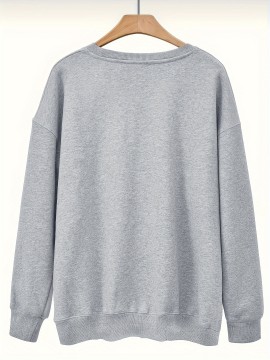 Plus Size Letter Print Sweatshirt, Casual Crew Neck Long Sleeve Pullover Sweatshirt For Spring & Fall, Women's Plus Size Clothing