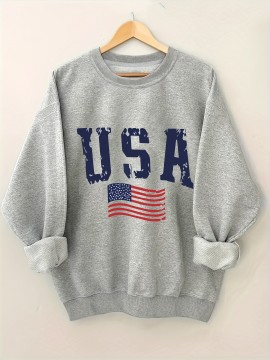 Plus Size USA Print Pullover Sweatshirt, Casual Long Sleeve Crew Neck Sweatshirt For Fall & Spring, Women's Plus Size Clothing