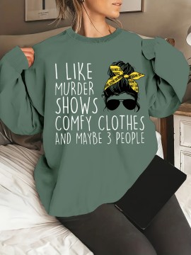 Plus Size Woman & Letter Print Sweatshirt, Casual Long Sleeve Crew Neck Sweatshirt, Women's Plus Size Clothing