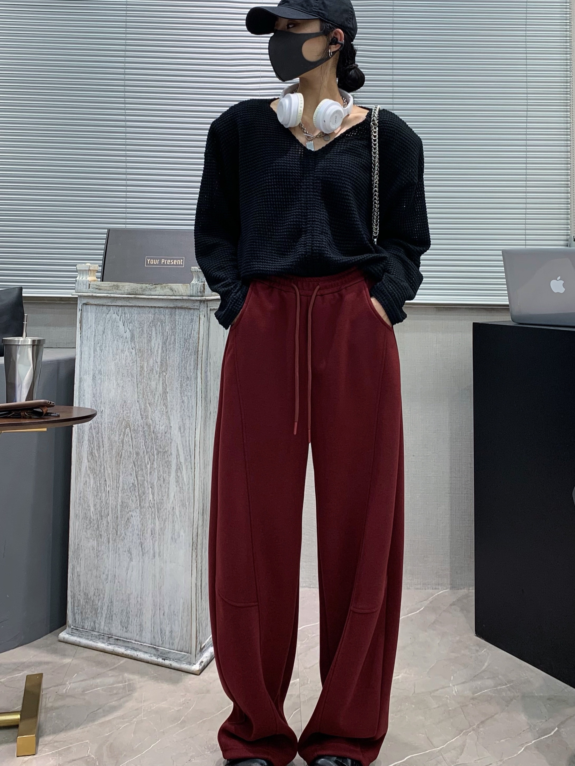 womens casual polyester wide leg joggers loose   fabric sweatpants solid color long length with shearling     waist with drawstring for   weekend   details 10